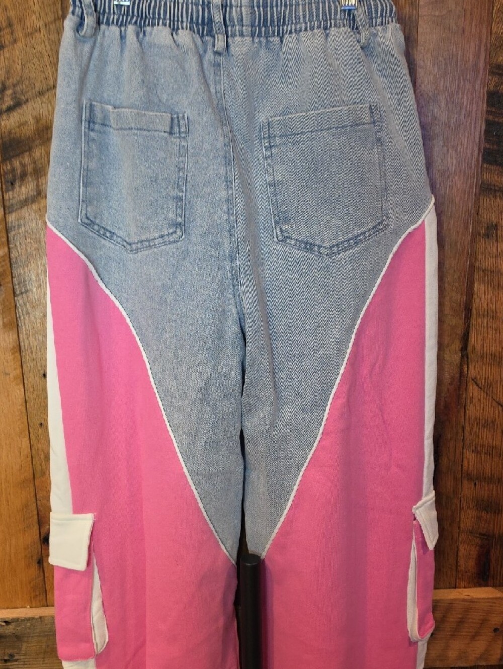 042p Colorblock Pink and Light Blue Cargo Joggers with Drawstring Waist - Picture 10 of 12